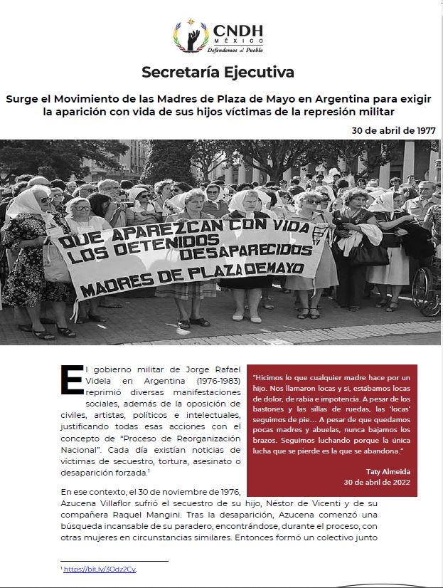 Surge el Movimiento de las Madres de Plaza de Mayo en Argentina para exigir la aparición con vida de sus hijos víctimas de la represión militar