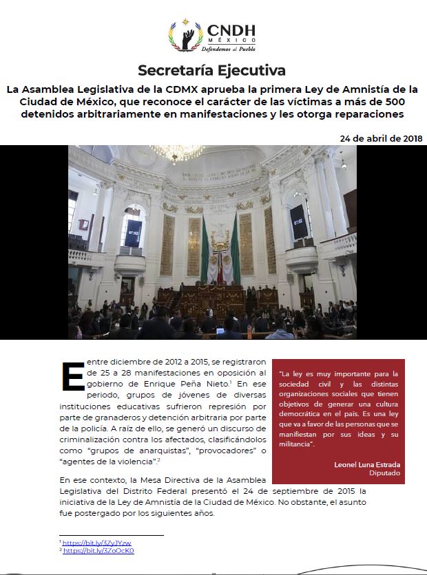 La Asamblea Legislativa de la CDMX aprueba la primera Ley de Amnistía de la Ciudad de México, que reconoce el carácter de las víctimas a más de 500 detenidos arbitrariamente en manifestaciones y les otorga reparaciones