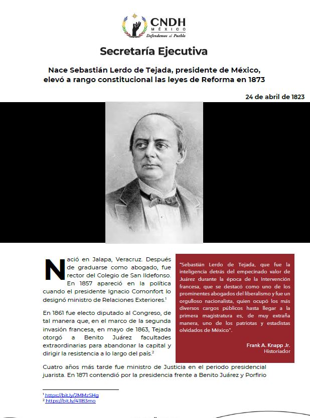 Nace Sebastián Lerdo de Tejada, presidente de México, elevó a rango constitucional las leyes de Reforma en 1873