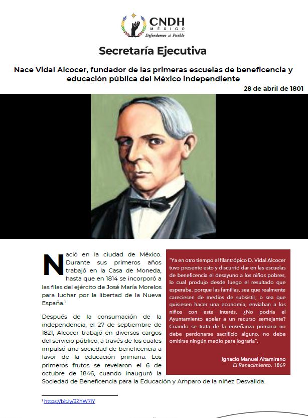 Nace Vidal Alcocer, fundador de las primeras escuelas de beneficencia y educación pública del México independiente