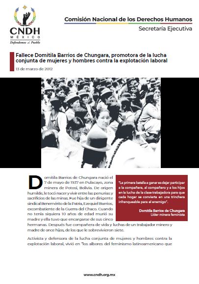 Fallece Domitila Barrios de Chungara, promotora de la lucha conjunta de mujeres y hombres contra la explotación laboral
