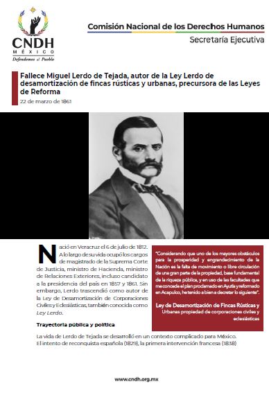 Fallece Miguel Lerdo de Tejada, autor de la Ley Lerdo de desamortización de fincas rústicas y urbanas, precursora de las Leyes de Reforma