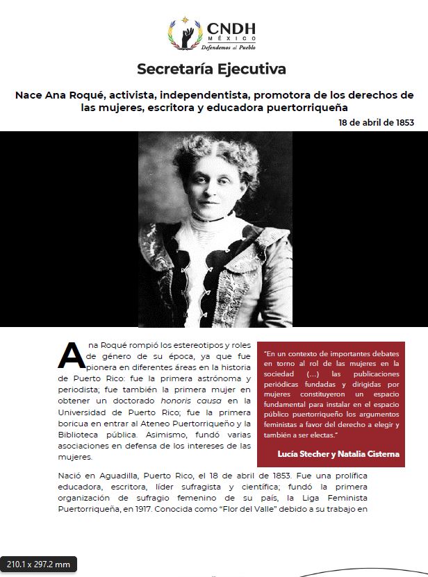 Nace Ana Roqué, activista, independentista, promotora de los derechos de las mujeres, escritora y educadora puertorriqueña