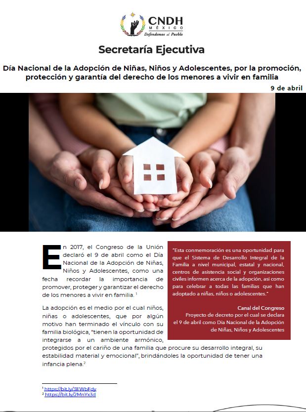 Día Nacional de la Adopción de Niñas, Niños y Adolescentes, por la promoción, protección y garantía del derecho de los menores a vivir en familia