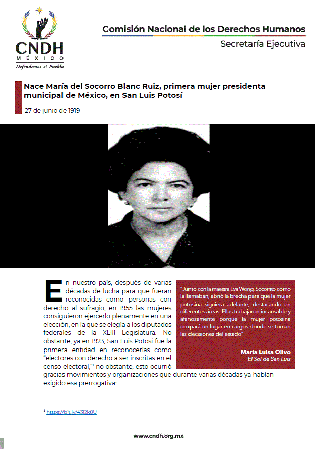 Nace María del Socorro Blanc Ruiz, primera mujer presidenta municipal de México, en San Luis Potosí