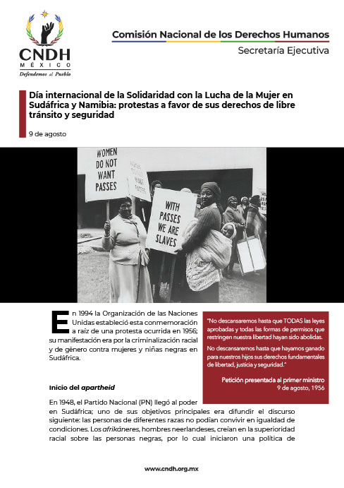 Día internacional de la Solidaridad con la lucha de la Mujer en Sudáfrica y Namibia: protestas a favor de sus derechos de libre tránsito y seguridad