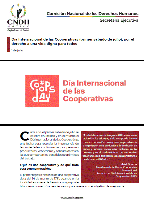 Día Internacional de las Cooperativas (primer sábado de julio), por el derecho a una vida digna para todos