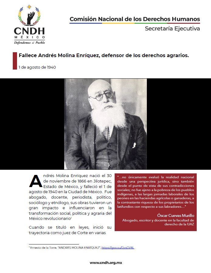 Fallece Andrés Molina Enríquez, defensor de los derechos agrarios.