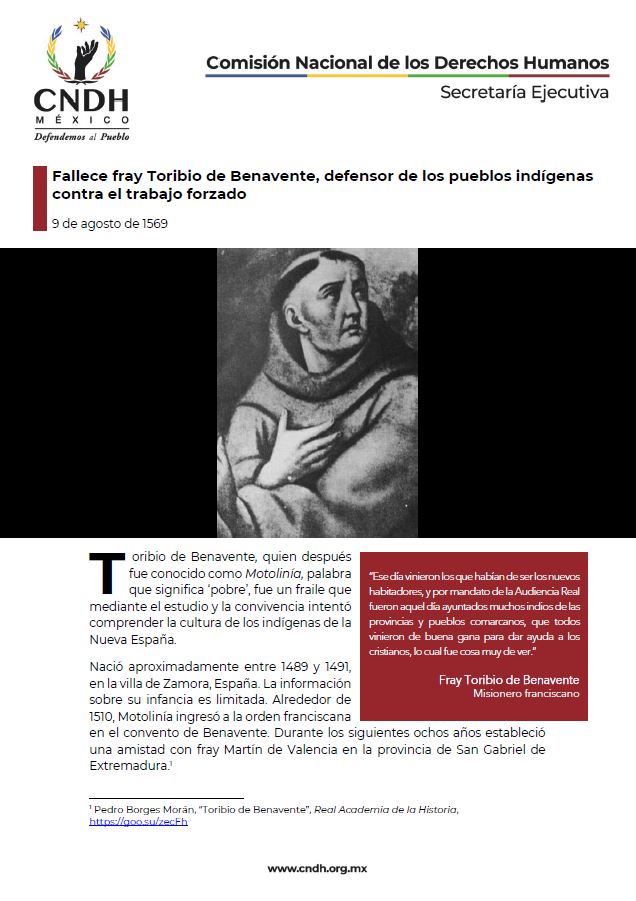Fallece fray Toribio de Benavente, defensor de los pueblos indígenas contra el trabajo forzado