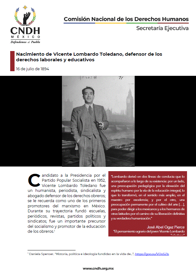 Nacimiento de Vicente Lombardo Toledano, defensor de los derechos laborales y educativos