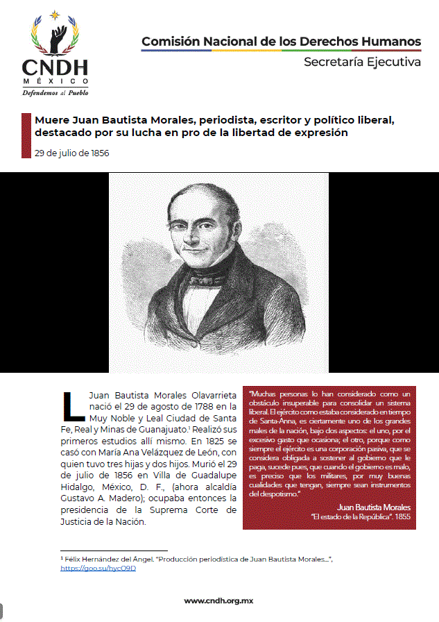 Muere Juan Bautista Morales, periodista, escritor y político liberal, destacado por su lucha en pro de la libertad de expresión