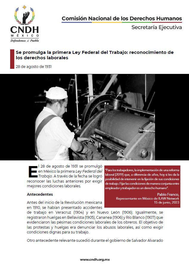 Se promulga la primera Ley Federal del Trabajo: reconocimiento de los derechos laborales