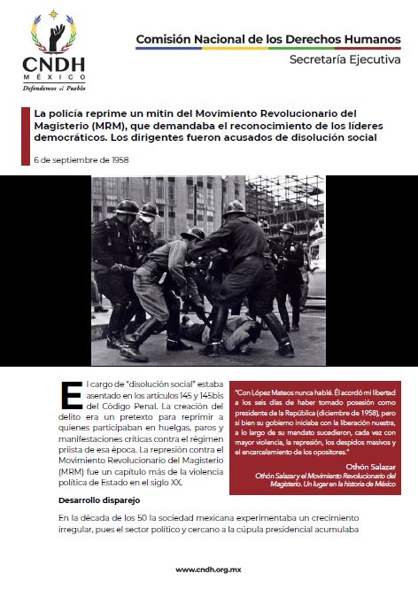 La policía reprime un mitin del Movimiento Revolucionario del Magisterio (MRM), que demandaba el reconocimiento de los líderes democráticos. Los dirigentes fueron acusados de disolución social