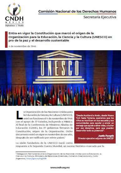 Entra en vigor la Constitución que marcó el origen de la Organización para la Educación, la Ciencia y la Cultura (UNESCO) en pro de la paz y el desarrollo sustentable