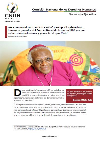Nace Desmond Tutu, activista sudafricano por los derechos humanos, ganador del Premio Nobel de la paz en 1984 por sus esfuerzos en solucionar y poner fin al apartheid