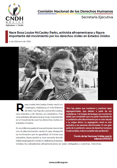 Nace Rosa Louise McCauley Parks, activista afroamericana y figura importante del movimiento por los derechos civiles en Estados Unidos
