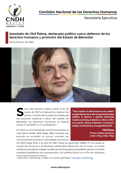 Asesinato de Olof Palme, destacado político sueco defensor de los derechos humanos y promotor del Estado de Bienestar