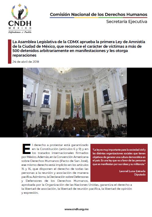 La Asamblea Legislativa de la CDMX aprueba la primera Ley de Amnistía de la Ciudad de México, que reconoce el carácter de víctimas a más de 500 detenidos arbitrariamente en manifestaciones y les otorga reparaciones