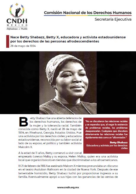 Nace Betty Shabazz, Betty X, educadora y activista estadounidense por los derechos de las personas afrodescendientes