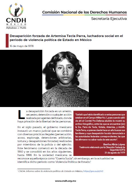 Desaparición forzada de Artemisa Tecla Parra, luchadora social en el periodo de violencia política de Estado en México