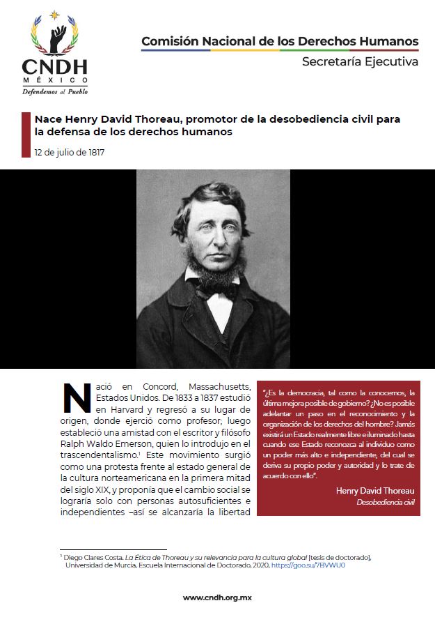 Nace Henry David Thoreau, promotor de la desobediencia civil para la defensa de los derechos humanos