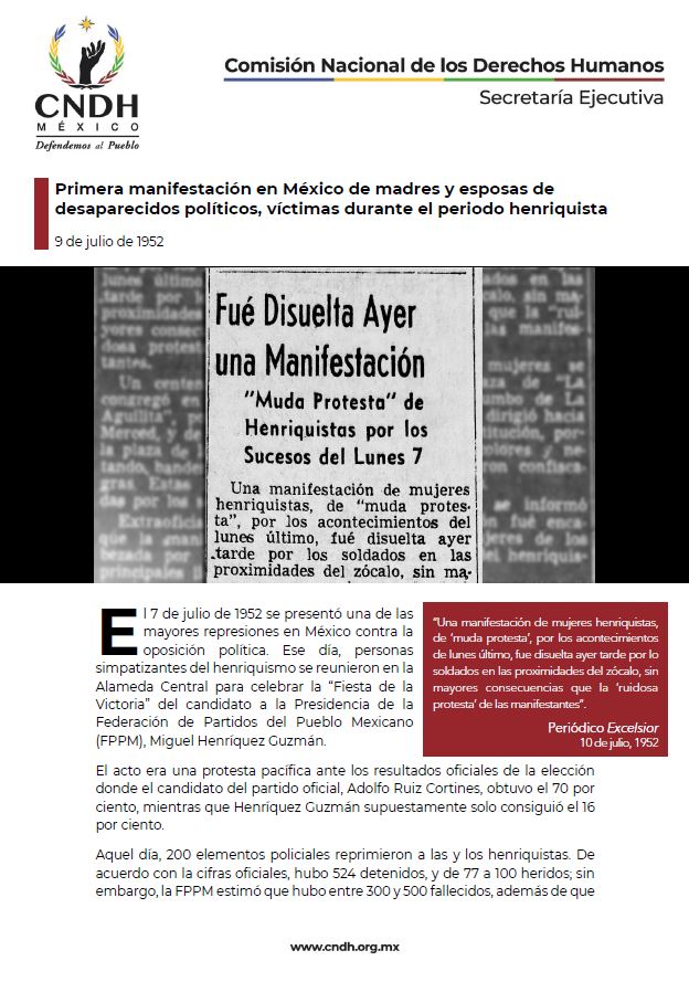 Primera manifestación en México de madres y esposas de desaparecidos políticos, víctimas durante el periodo henriquista
