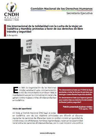 Día internacional de la Solidaridad con la Lucha de la Mujer en Sudáfrica y Namibia: protestas a favor de sus derechos de libre tránsito y seguridad
