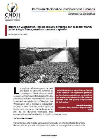 Marcha en Washington. Más de 250,000 personas, con el doctor Martin Luther King al frente, marchan rumbo al Capitolio