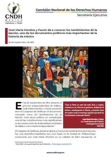 José María Morelos y Pavón da a conocer los Sentimientos de la Nación, uno de los documentos políticos más importantes de la historia de México