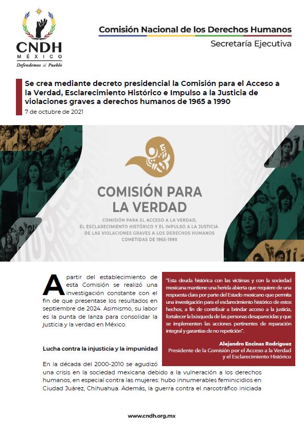 Se crea mediante decreto presidencial la Comisión para el Acceso a la Verdad, Esclarecimiento Histórico e Impulso a la Justicia de violaciones graves a derechos humanos de 1965 a 1990