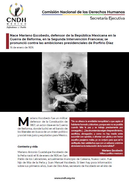 Nace Mariano Escobedo, defensor de la República Mexicana en la Guerra de Reforma, en la Segunda Intervención Francesa; se pronunció contra las ambiciones presidenciales de Porfirio Díaz