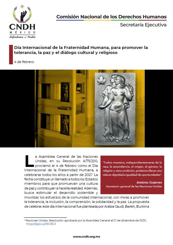 Día Internacional de la Fraternidad Humana, para promover la tolerancia, la paz y el diálogo cultural y religioso