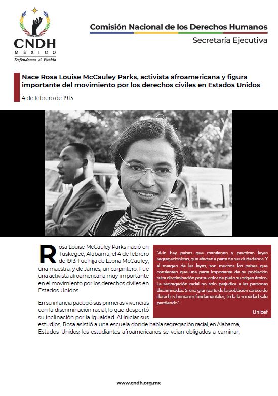 Nace Rosa Louise McCauley Parks, activista afroamericana y figura importante del movimiento por los derechos civiles en Estados Unidos