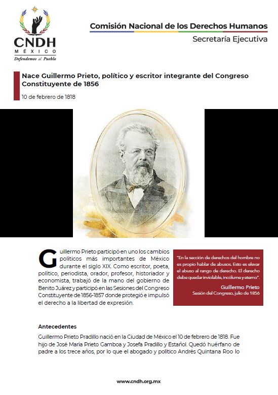 Nace Guillermo Prieto, político y escritor integrante del Congreso Constituyente de 1856