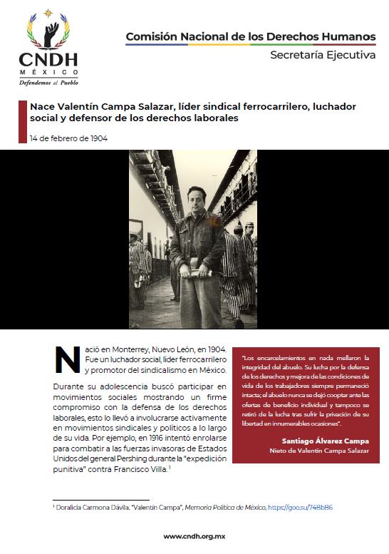 Nace Valentín Campa Salazar, líder sindical ferrocarrilero, luchador social y defensor de los derechos laborales