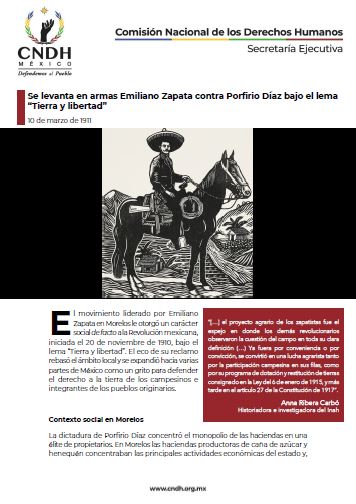 Se levanta en armas Emiliano Zapata contra Porfirio Díaz bajo el lema “Tierra y libertad”