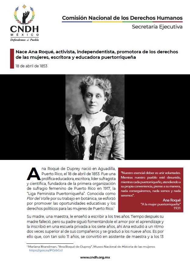 Nace Ana Roqué, activista, independentista, promotora de los derechos de las mujeres, escritora y educadora puertorriqueña