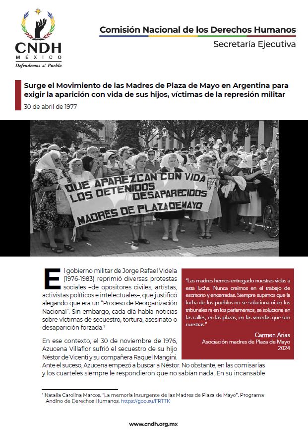 Surge el Movimiento de las Madres de Plaza de Mayo en Argentina para exigir la aparición con vida de sus hijos, víctimas de la represión militar