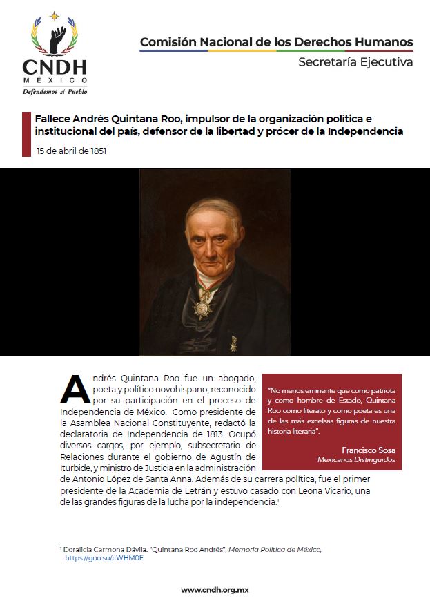 Fallece Andrés Quintana Roo, impulsor de la organización política e institucional del país, defensor de la libertad y prócer de la Independencia