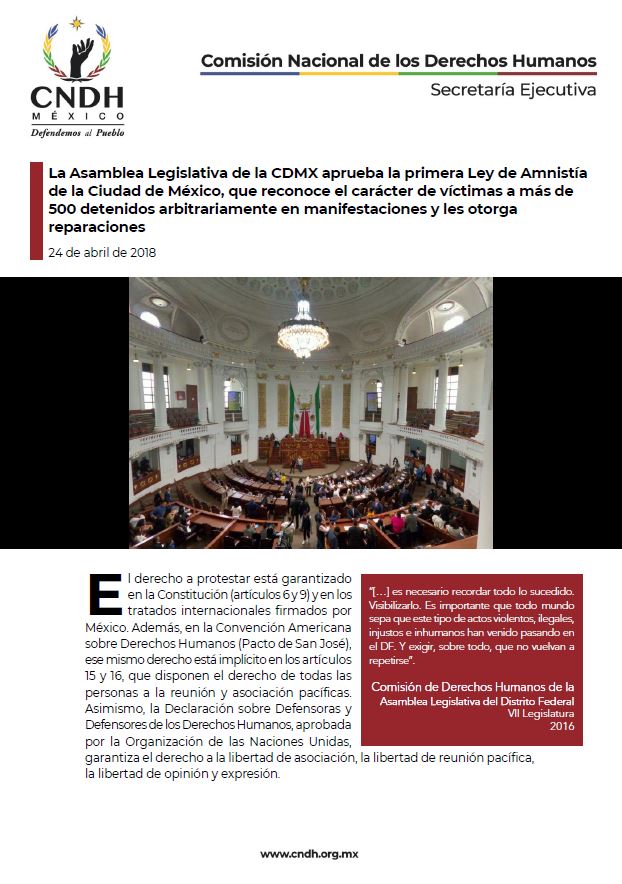La Asamblea Legislativa de la CDMX aprueba la primera Ley de Amnistía de la Ciudad de México, que reconoce el carácter de víctimas a más de 500 detenidos arbitrariamente en manifestaciones y les otorga reparaciones