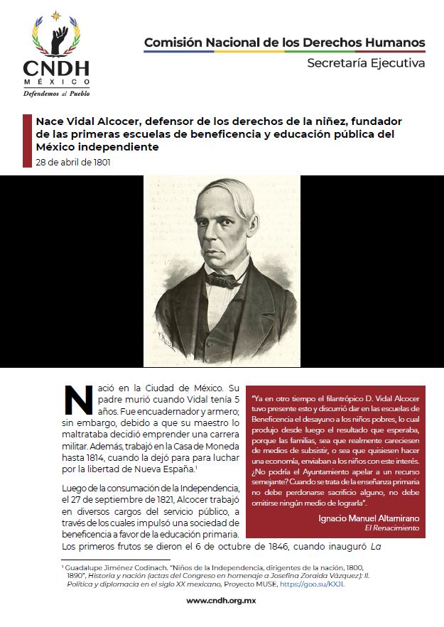 Nace Vidal Alcocer, defensor de los derechos de la niñez, fundador de las primeras escuelas de beneficencia y educación pública del México independiente