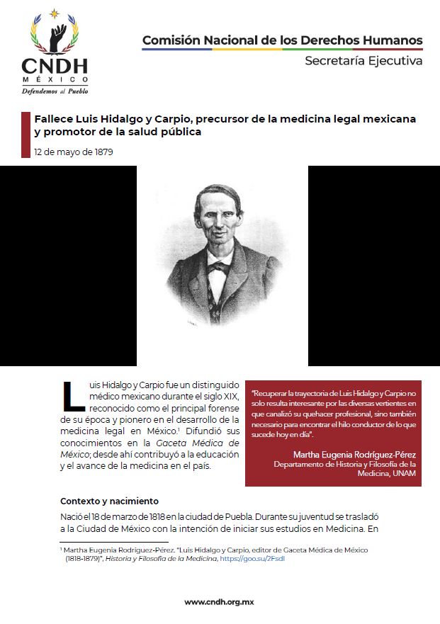 Fallece Luis Hidalgo y Carpio, precursor de la medicina legal mexicana y promotor de la salud pública