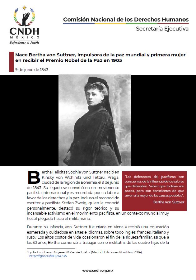 Nace Bertha von Suttner, impulsora de la paz mundial y primera mujer en recibir el Premio Nobel de la Paz en 1905