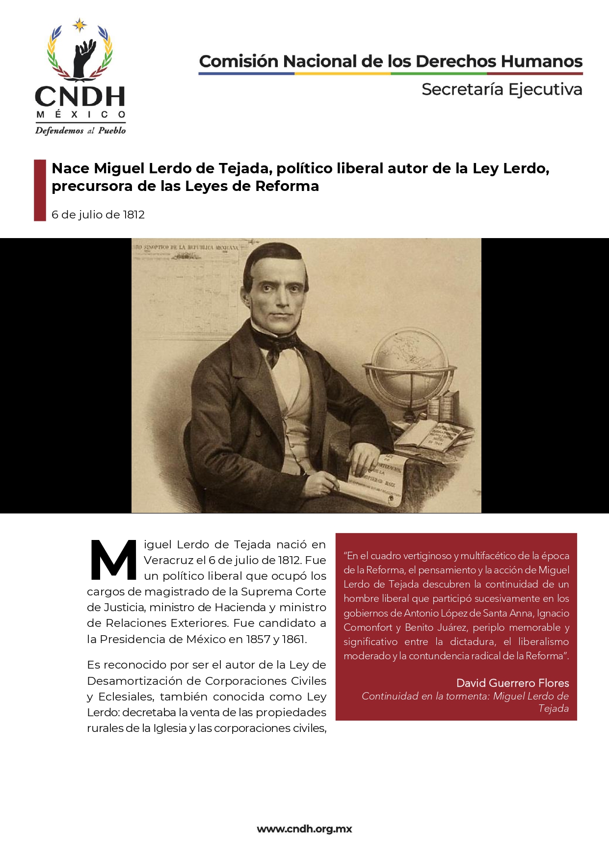 Nace Miguel Lerdo de Tejada, político liberal autor de la Ley Lerdo,  precursora de las Leyes de Reforma