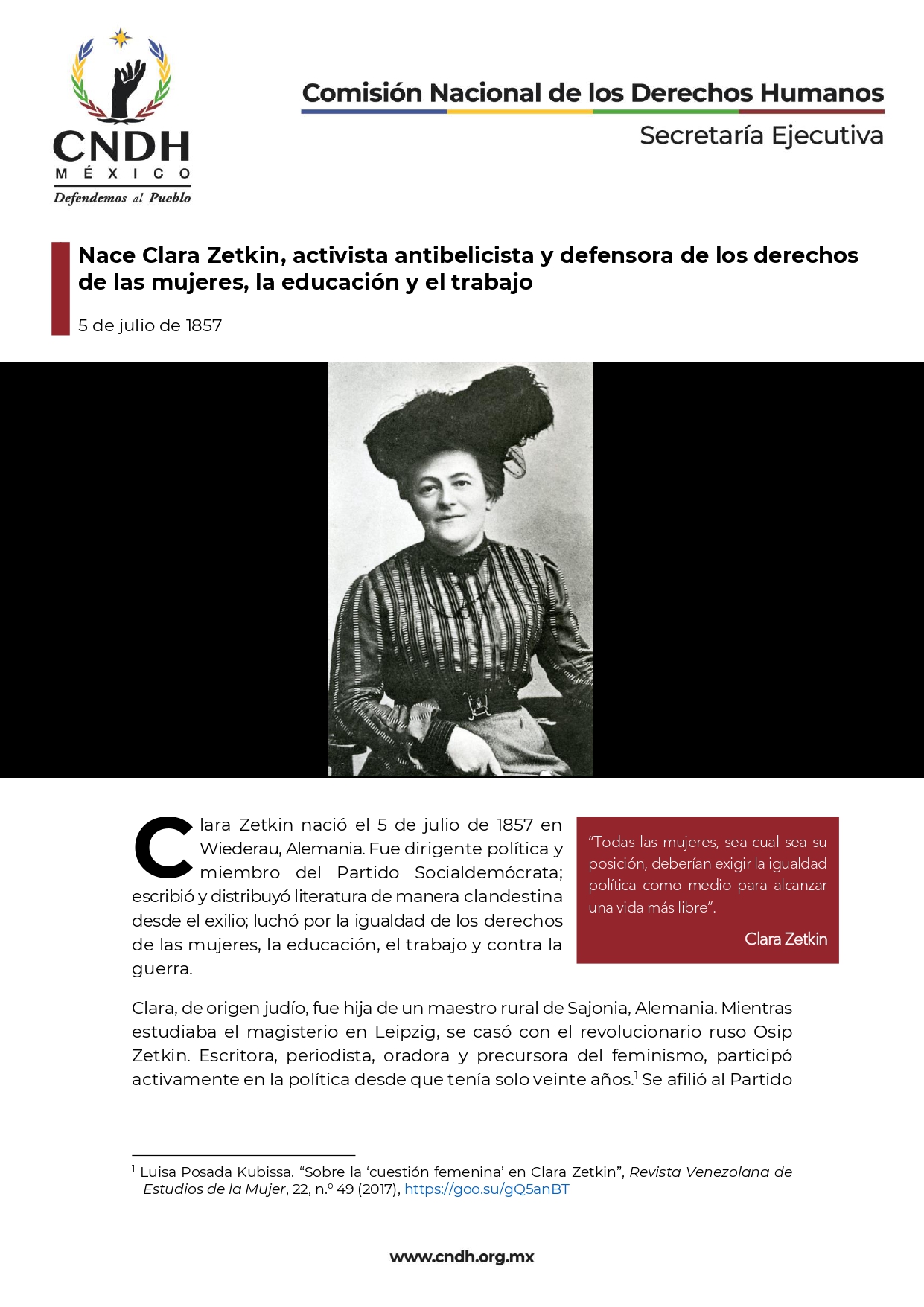 Nace Clara Zetkin, activista antibelicista y defensora de los derechos de las mujeres, la educación y el trabajo
