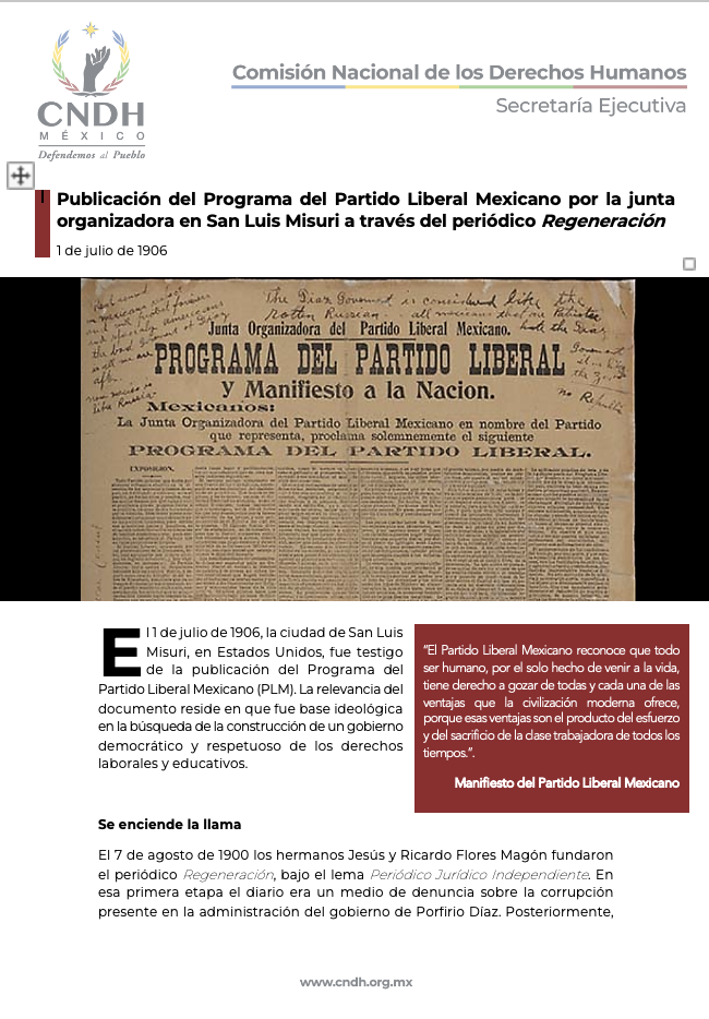 Publicación del Programa del Partido Liberal Mexicano por la junta organizadora en San Luis Misuri a través del periódico Regeneración