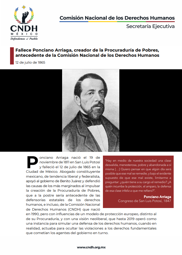 Fallece Ponciano Arriaga, creador de la Procuraduría de Pobres,  antecedente de la Comisión Nacional de los Derechos Humanos