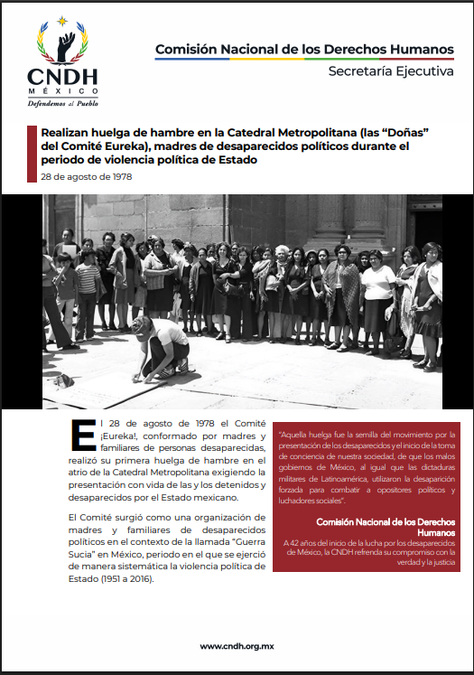 Realizan huelga de hambre en la Catedral Metropolitana (las “Doñas” del Comité Eureka), madres de desaparecidos políticos durante el periodo de violencia política de Estado