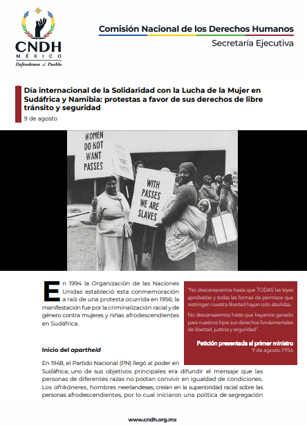 Día internacional de la Solidaridad con la Lucha de la Mujer en  Sudáfrica y Namibia: protestas a favor de sus derechos de libre  tránsito y seguridad