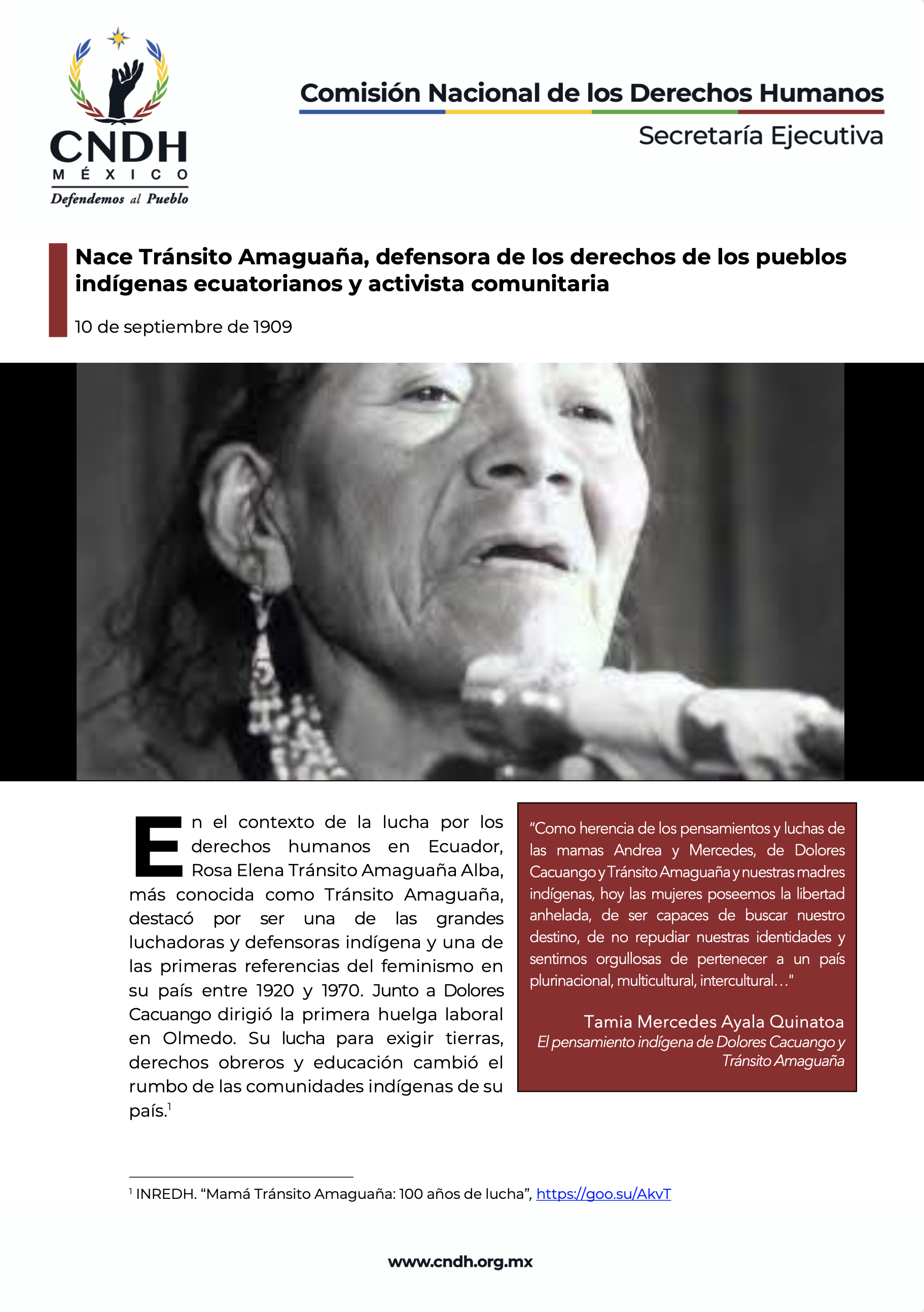 Nace Tránsito Amaguaña, defensora de los derechos de los pueblos indígenas ecuatorianos y activista comunitaria
